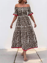 Perfee Leopard Off-Shoulder Flounce Sleeve Midi Dress OutfitFlow